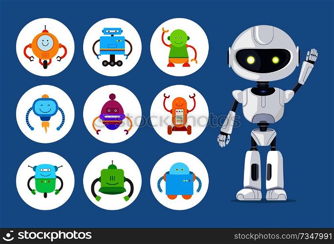 Mechanisms collection placed in circles, robotics and mechanisms set, waving cyborg with shining eyes vector illustration isolated on blue background. Mechanisms Collection Circles Vector Illustration