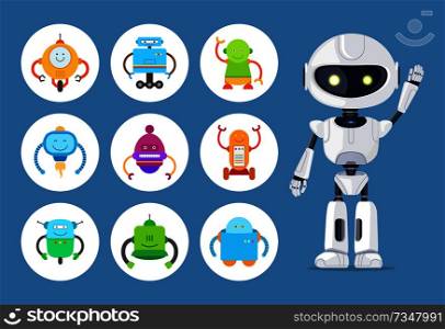 Mechanisms collection placed in circles, robotics and mechanisms set, waving cyborg with shining eyes vector illustration isolated on blue background. Mechanisms Collection Circles Vector Illustration