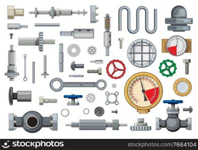Mechanisms spare parts and engineering industry elements cartoon vector set. Worm, bevel, and helical gears, pipeline gate valves, piston pin and pressure gauges, hydraulic cylinder, bolts and gaskets. Mechanisms engineering spare parts cartoon vector