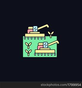 Mechanized agriculture RGB color icon for dark theme. Using of equipment and implement in farming. Isolated vector illustration on night mode background. Simple filled line drawing on black. Mechanized agriculture RGB color icon for dark theme
