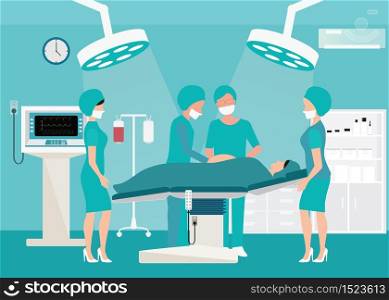 Mecial team delivering baby in operation room interior at the hospital with medical equipment , Medical hospital surgery vector illustration.