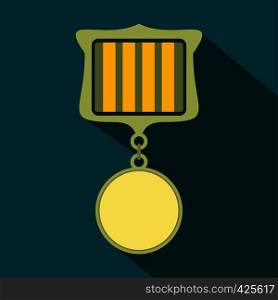Medal award military flat icon with shadow on the blue background. Medal award military flat icon