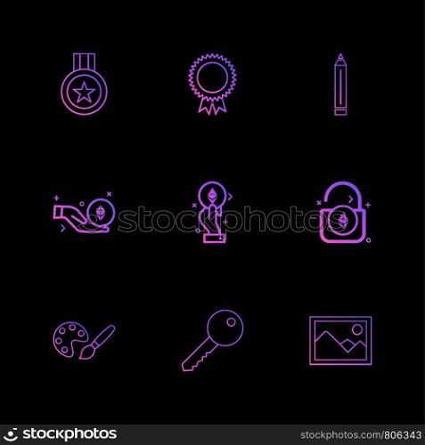 medal , badge , pencil , unlock , scenery , key , paint , icon, vector, design, flat, collection, style, creative, icons