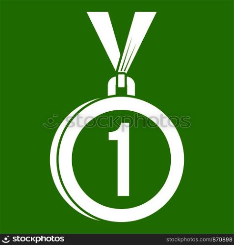 Medal for first place icon white isolated on green background. Vector illustration. Medal for first place icon green