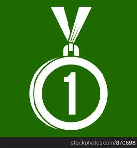 Medal for first place icon white isolated on green background. Vector illustration. Medal for first place icon green