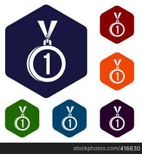 Medal for first place icons set rhombus in different colors isolated on white background. Medal for first place icons set