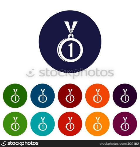 Medal for first place set icons in different colors isolated on white background. Medal for first place set icons