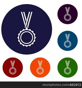Medal icons set in flat circle reb, blue and green color for web. Medal icons set