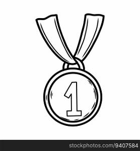 Medal on white background. Vector doodle illustration. Award for first place. Sports competition. Icon.