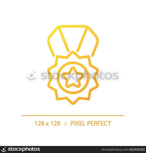 Medal pixel perfect gradient linear vector icon. Reward for high quality service. Product rating performance. Thin line color symbol. Modern style pictogram. Vector isolated outline drawing. Medal pixel perfect gradient linear vector icon
