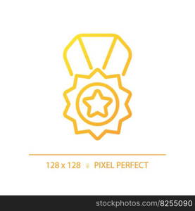 Medal pixel perfect gradient linear vector icon. Reward for high quality service. Product rating performance. Thin line color symbol. Modern style pictogram. Vector isolated outline drawing. Medal pixel perfect gradient linear vector icon