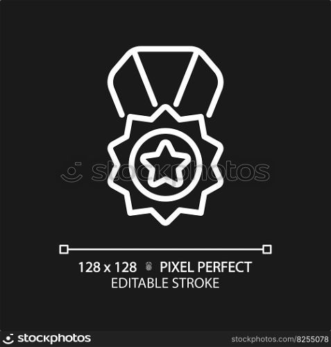 Medal pixel perfect white linear icon for dark theme. Reward for high quality service. Product rating performance. Best service. Thin line illustration. Isolated symbol for night mode. Editable stroke. Medal pixel perfect white linear icon for dark theme