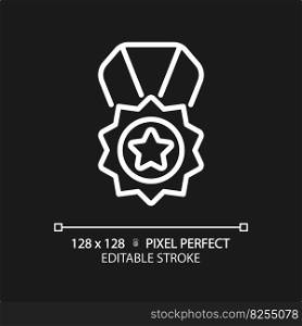 Medal pixel perfect white linear icon for dark theme. Reward for high quality service. Product rating performance. Best service. Thin line illustration. Isolated symbol for night mode. Editable stroke. Medal pixel perfect white linear icon for dark theme