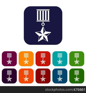 Medal star icons set vector illustration in flat style in colors red, blue, green, and other. Medal star icons set