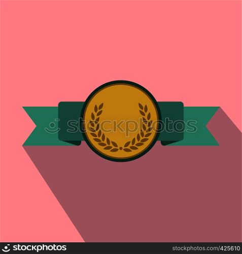 Medal with green ribbon flat icon with shadow on the pink background. Medal with green ribbon flat icon