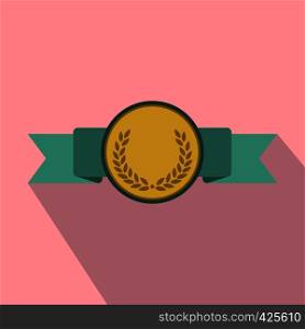 Medal with green ribbon flat icon with shadow on the pink background. Medal with green ribbon flat icon