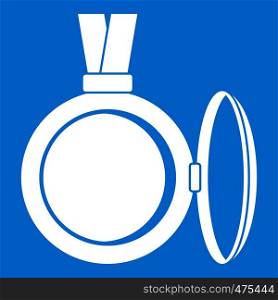 Medallion icon white isolated on blue background vector illustration. Medallion icon white