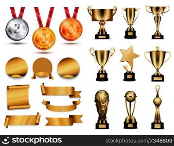Medals and cups icons color vector illustration with golden bronze and silver for competitions winners, ribbons and stickers, awards collection. Medals and Cups Icons Color Vector Illustration
