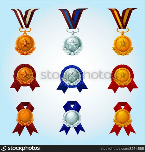 Medals and winner awards cartoon emblems set isolated vector illustration. Medals Cartoon Set