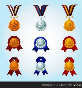 Medals and winner awards cartoon emblems set isolated vector illustration. Medals Cartoon Set