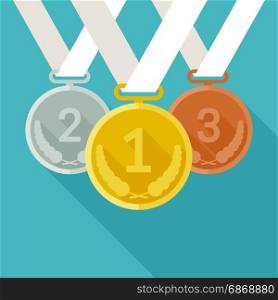 Medals from gold, silver and bronze. Medals with long shadow. Vector banner with medals from gold, silver and bronze in flat style.