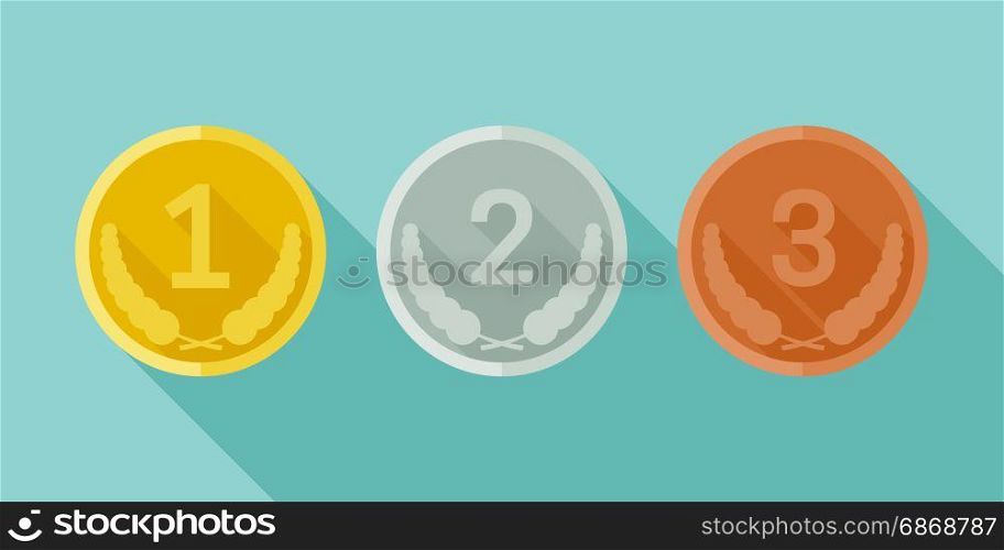 Medals from gold, silver and bronze. Prize medals with long shadow. Vector medals from gold, silver and bronze in flat style.