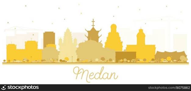 Medan Indonesia City Skyline Silhouette with Golden Buildings Isolated on White. Vector Illustration. Business Travel and Tourism Concept with Historic Architecture. Medan Cityscape with Landmarks. 
