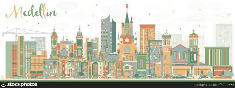 Medellin Skyline with Color Buildings. Vector Illustration. Business Travel and Tourism Concept with Historic Architecture. Image for Presentation Banner Placard and Web Site.