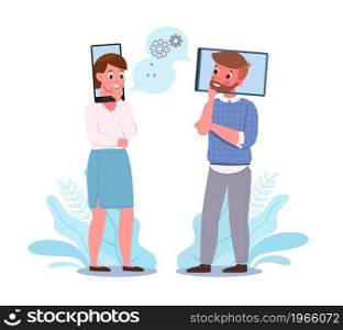 Media addiction. Cartoon man and woman with smartphone heads. People addicting of social media networks. Mental disorder. Unhealthy habit. Persons communicate through online messengers. Vector concept. Media addiction. Man and woman with smartphone heads. People addicting of social media networks. Mental disorder. Unhealthy habit. Persons communicate through messengers. Vector concept