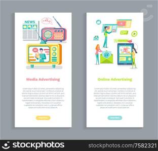 Media advertisement vector, online advertising. Radio with broadcasting news, email and mobile phone, billboard and monitors of gadgets with info set. Online and Media Advertising, Web Pages Text Set