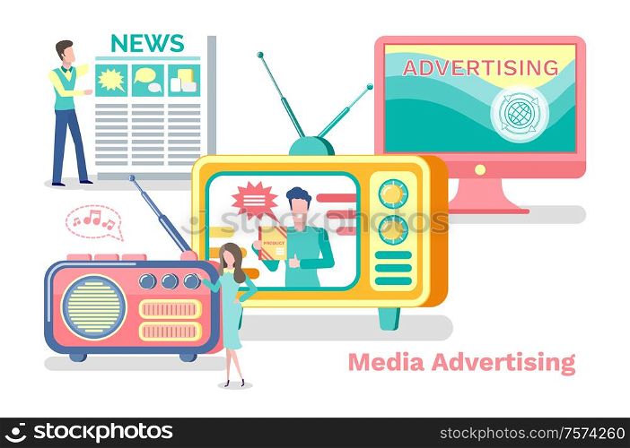Media advertisement vector, television and radio with antenna, laptop screen. Advertisement product promotion in newspaper, show on tv broadcasting. Media Advertisement, Sources of News Coming Set