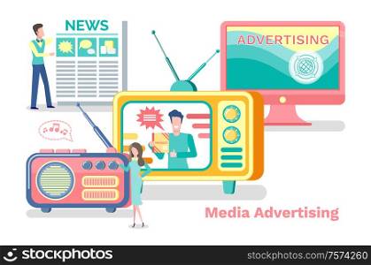 Media advertisement vector, television and radio with antenna, laptop screen. Advertisement product promotion in newspaper, show on tv broadcasting. Media Advertisement, Sources of News Coming Set