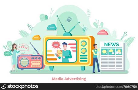 Media advertising, man and woman characters communication with newspaper, tv and radio equipments. Television technology, clouds on green, promotion vector. Tv and Radio, Promotion Technology, Seo Vector