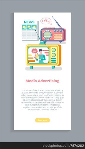Media advertising, newspaper information, tv and radio promotion. Screen of website with electronic devices and magazine, online news and reports vector. Media Advertising, TV and Radio, Newspaper Vector