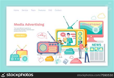 Media advertising vector, internet on laptop and news broadcasting. Website or webpage template, landing page flat style, radio and printed newspaper. Media Advertising, Television and Internet Sources