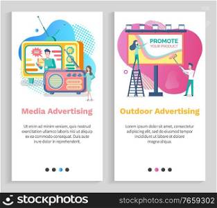 Media advertising vector, outdoor advertisement woman on ladder with billboard, radio and tv set with program on live, host on television. Website or slider app, landing page flat style. Outdoor Advertisement Media Advertising Vector
