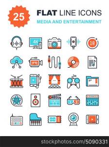Media and Entertainment. Abstract vector collection of flat line media and entertainment icons. Elements for mobile and web applications.
