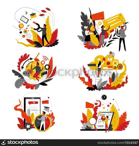 Media and network digital marketing isolated icons abstract concept vector Internet market research and development programmers and marketologists smartphone and laptop messaging and advertisement. Digital marketing isolated icons abstract concept media and network