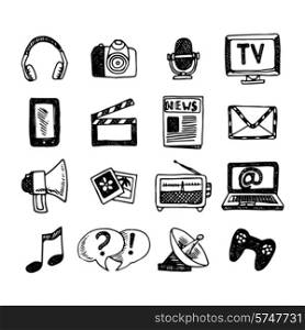Media and news icons sketch set with megaphone newspaper headphones isolated vector illustration