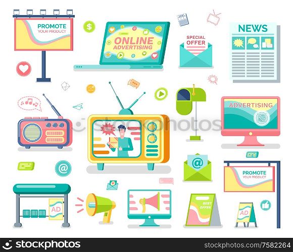 Media and outdoor advertising isolated vector objects. Roadside banner and billboard, social media and print adverts, television and radio, newsletters. Media and Outdoor Advertising Isolated Objects