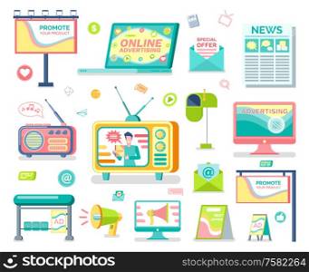 Media and outdoor advertising isolated vector objects. Roadside banner and billboard, social media and print adverts, television and radio, newsletters. Media and Outdoor Advertising Isolated Objects