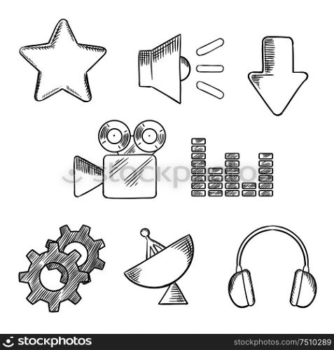 Media and sound sketched icons set with satellite, sound, movie, gears, audio, star and download elements. Sketch style objects. Media and sound sketched icons set