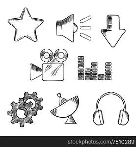 Media and sound sketched icons set with satellite, sound, movie, gears, audio, star and download elements. Sketch style objects. Media and sound sketched icons set