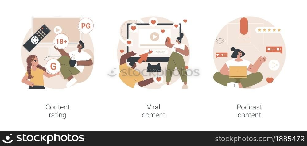 Media and tv content abstract concept vector illustration set. Content rating, viral content, podcast creation, games and apps, video production, engaging marketing, entertainment abstract metaphor.. Media and tv content abstract concept vector illustrations.