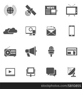 Media black icons set with megaphone newspaper satellite isolated vector illustration. Media Icons Set