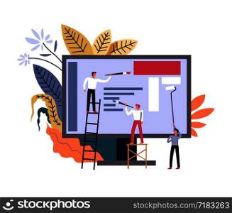 Media broadcasting, web site development by developers, working people vector. Man painting screen of computer, optimization process of page, content filling, managers. Foliage and leaves decor. Media broadcasting, web site development by developers people
