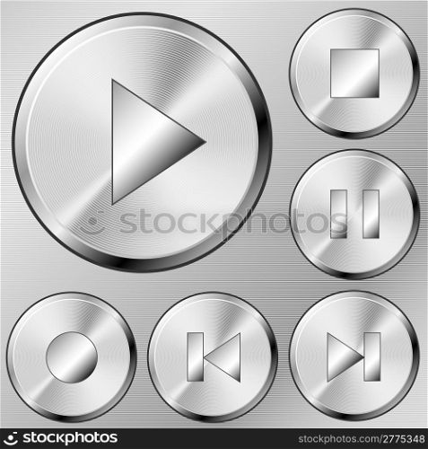 Media buttons vector set in brushed steel style.