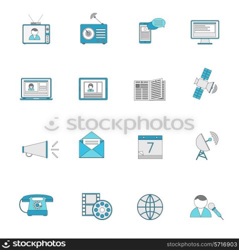 Media communication icons flat line set of posting shooting social broadcasting isolated vector illustration.
