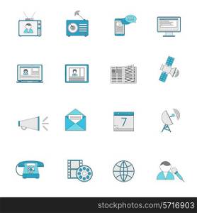 Media communication icons flat line set of posting shooting social broadcasting isolated vector illustration.