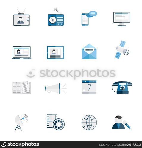 Media communication icons flat set of tv radio blog internet news isolated vector illustration